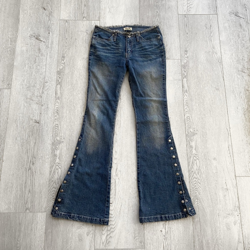 Dark Blue Flare Jeans with Snap Detail